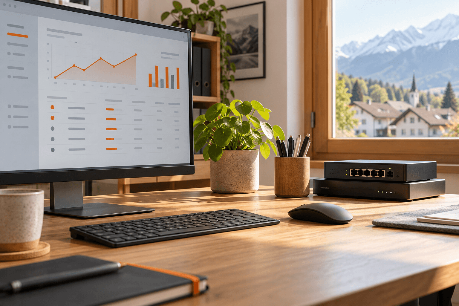 Illustrative IT-Arbeitsumgebung mit Netzwerkgeräten und einer Ereignisübersicht